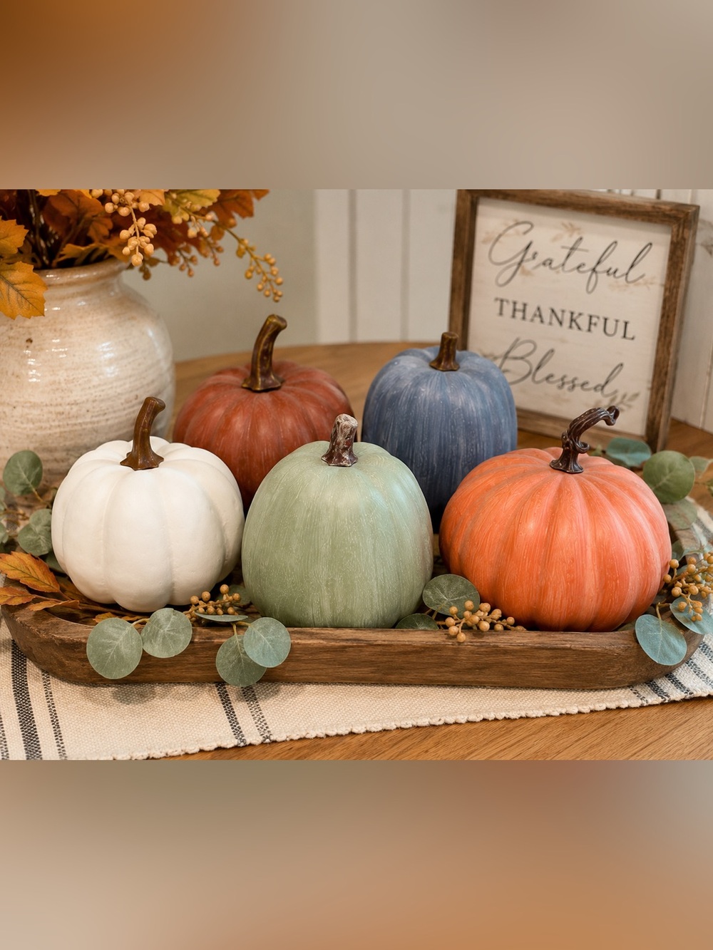 Set of 5 Faux Pumpkins Fall Harvest Decor Muted Neutral Autumn Colors